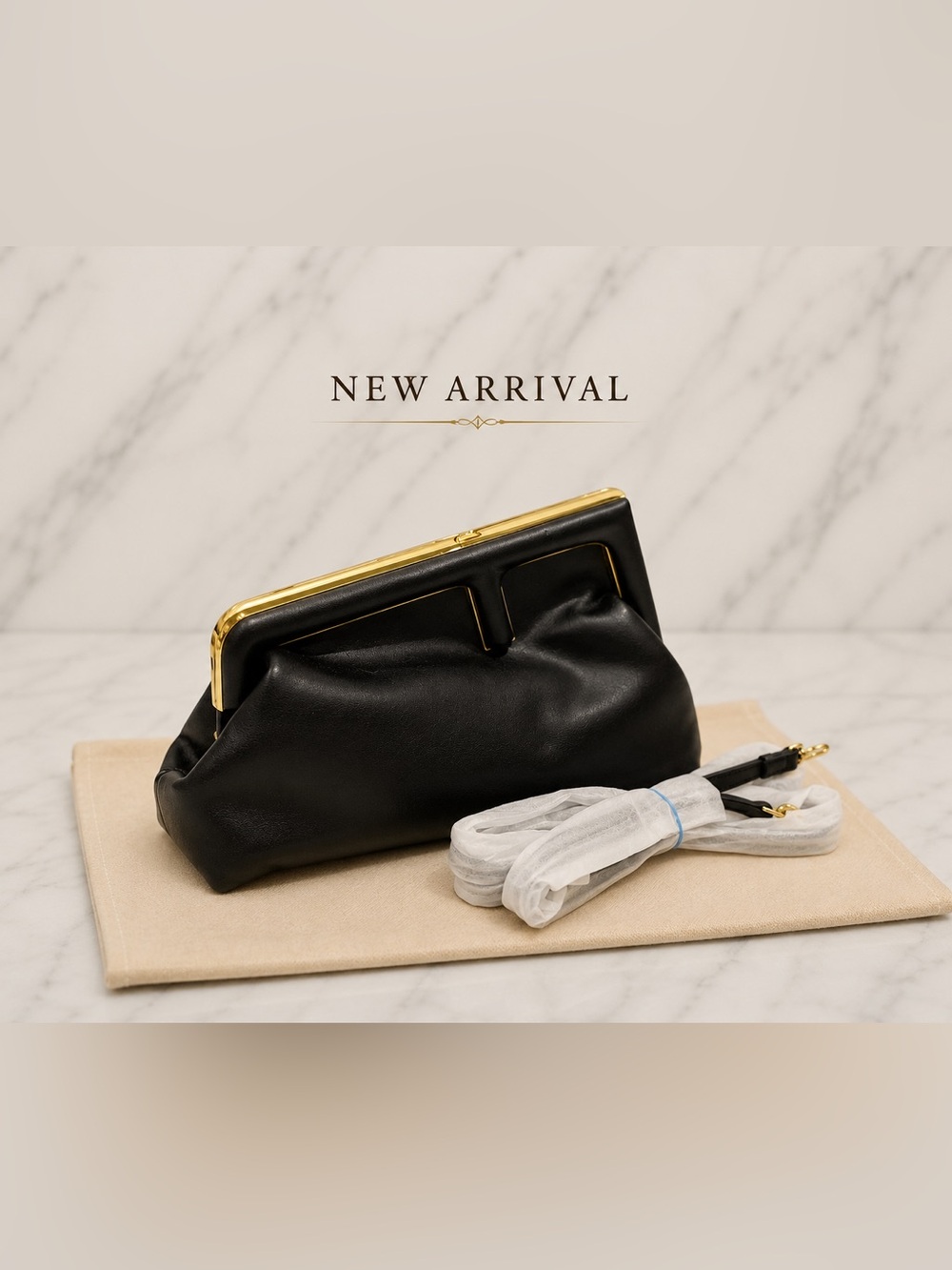 Black Frame-Top Leather Clutch with Gold Trim